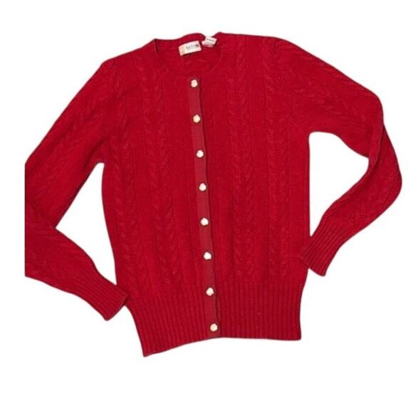 Vintage Red Wool Cable Knit Cardigan ASTON Gold Buttons S - Picture 6 of 6